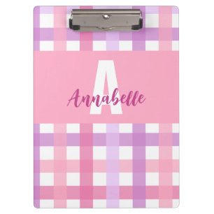 Carpeta De Pinza Patrón de Gingham de Monograma Púrpura Pink