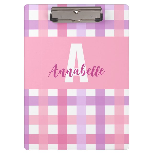 Carpeta De Pinza Patrón de Gingham de Monograma Púrpura Pink (Anverso)
