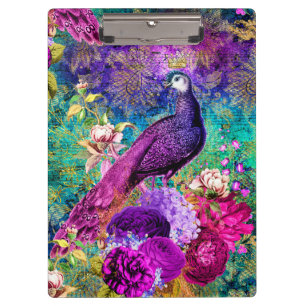 Carpeta De Pinza Patrón de Grunge de Pavo Real Ilustrado Vintage