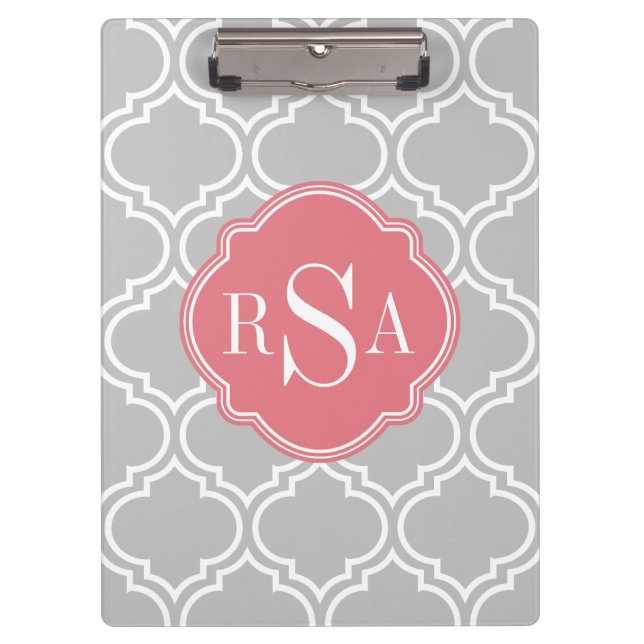 Carpeta De Pinza Patrón de latencia de mosaico gris Monograma rosa (Anverso)