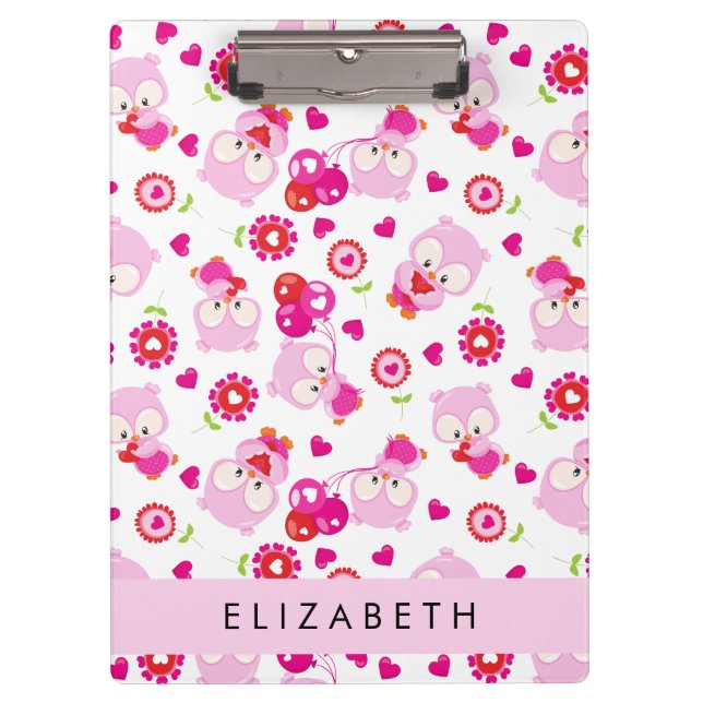 Carpeta De Pinza Patrón De Lechuzas, Lechuzas Cutas, Lechuzas Rosad (Anverso)