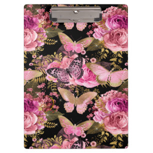 Carpeta De Pinza Patrón de mariposa floral rosa y Relieve metalizad