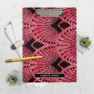 Carpeta De Pinza Patrón de pavo real blanco negro rojo de Art Deco