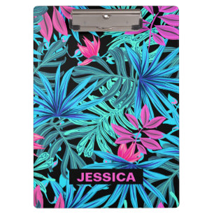 Carpeta De Pinza Patrón de planta tropical azul rosa neón personali
