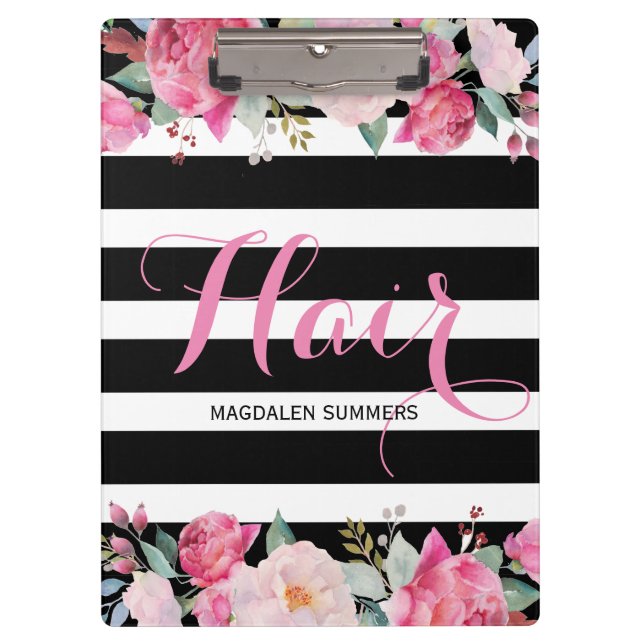 Carpeta De Pinza Patrón de rayas negras y blancas, Bouquet floral (Anverso)