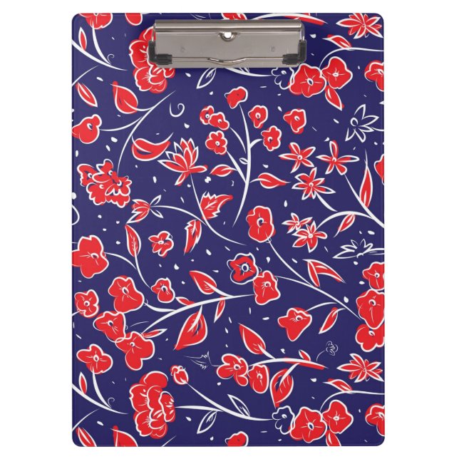 Carpeta De Pinza Patrón floral azul y rojo (Anverso)