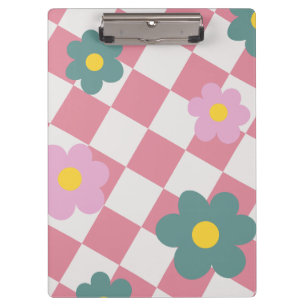 Carpeta De Pinza Patrón floral de gingham rosa - Flor retro adorabl