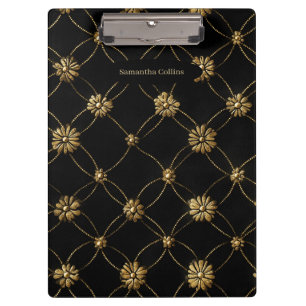 Carpeta De Pinza Patrón floral de oro de lujo sobre fondo negro