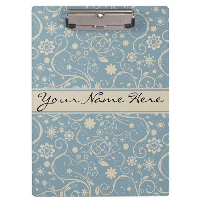 Carpeta De Pinza Patrón floral Pastel Azul y Taupe Personalizado (Anverso)
