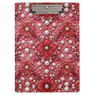 Carpeta De Pinza Patrón floral rojo con acentos de perla
