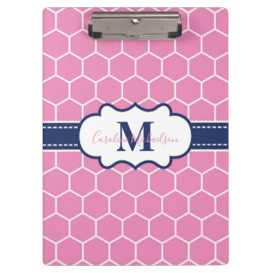 Carpeta De Pinza Patrón geométrico de monograma rosa y naval