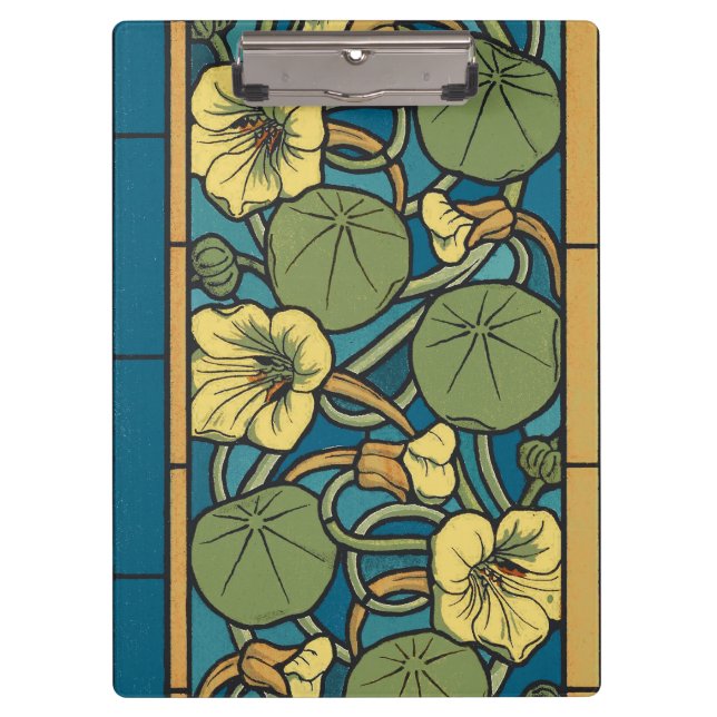 Carpeta De Pinza Patrón Nouveau de flor de nasturcio amarillo azul (Anverso)