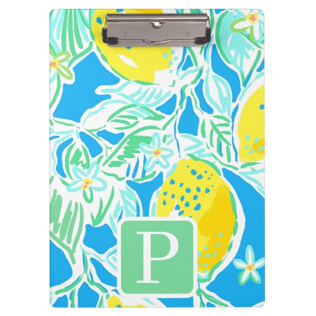 Carpeta De Pinza Patrón Preppy Blue Lemon Inicial (Anverso)