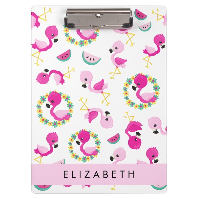 Carpeta De Pinza Patrón tropical, flamencos, flores, tu nombre (Anverso)
