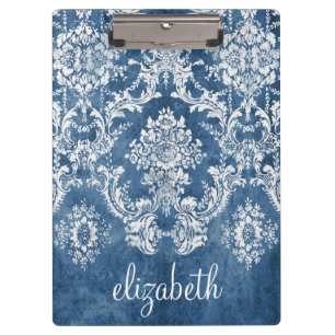 Carpeta De Pinza Patrón y nombre de damasco de color azul de zafir