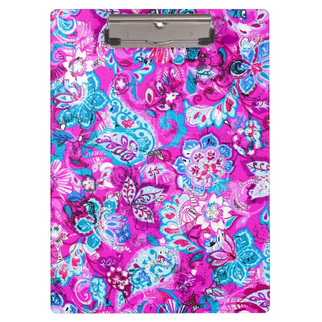 Carpeta De Pinza Patrones de flores rosadas azules (Anverso)