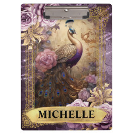 Carpeta De Pinza Pavo real romántico y rosas púrpuras fantasía