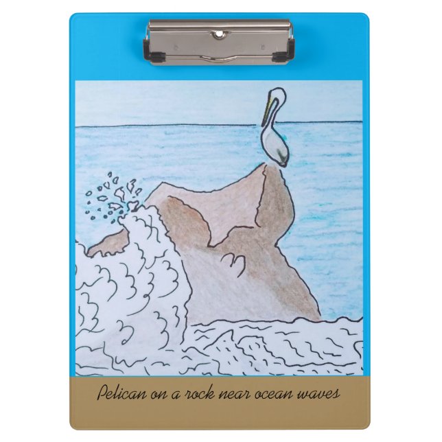 Carpeta De Pinza Pelican en una roca cerca de las olas del océano (Anverso)