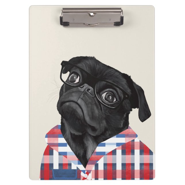 Carpeta De Pinza Perro De Pug Negro Con Gafas Y Chequera (Anverso)