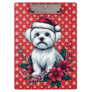 Carpeta De Pinza Perro maltés floral festivo con perro de navidad d