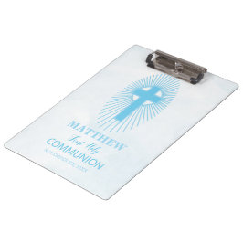 Carpeta De Pinza Personalice, Blue First Holy Communia Cross Host