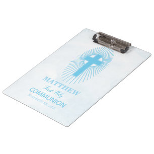 Carpeta De Pinza Personaliza, Cruz de la Primera Comunión Azul con