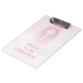Carpeta De Pinza Personaliza, Cruz de Primera Comunión rosa Hostia
