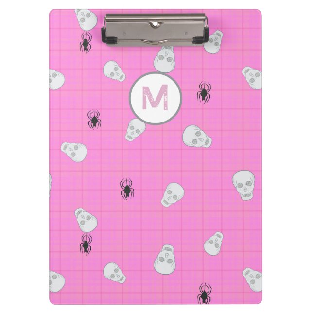 Carpeta De Pinza Personalizado Coquette Pink Plaid Halloween Skulls (Anverso)