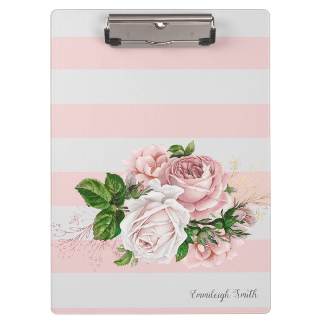 Carpeta De Pinza Personalizado de franjas florales Rubor rosadas (Anverso)
