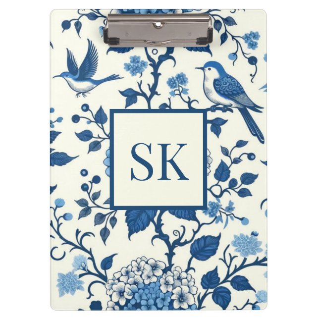 Carpeta De Pinza Personalizado Monograma Chinoiserie Azul y Blanco (Anverso)