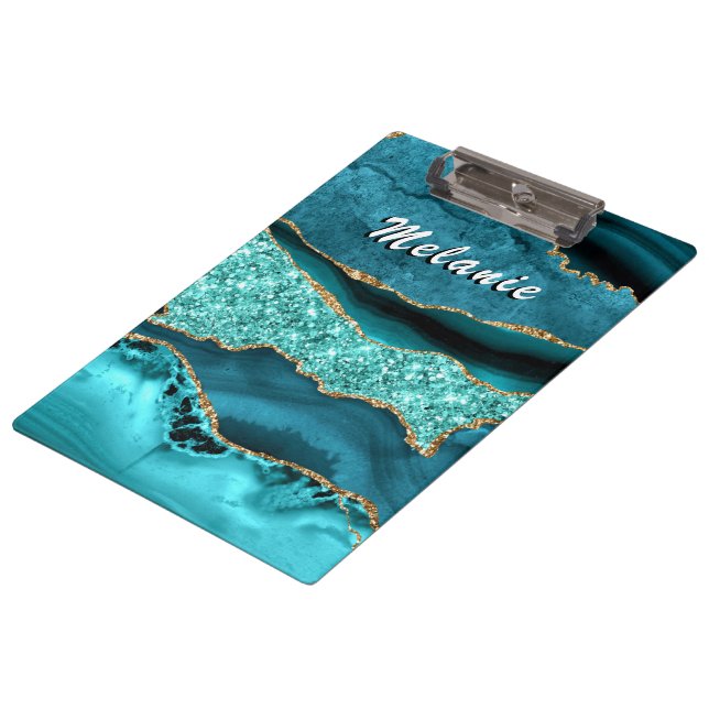 Carpeta De Pinza Personalizado verde azulado de mármol dorado azul  (Angular)