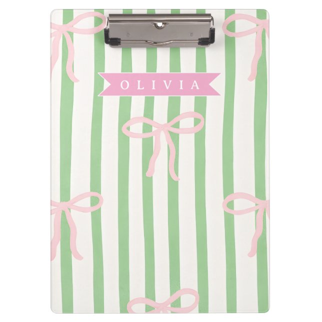 Carpeta De Pinza Personalized Girly Coquette Green Stripe Bow (Anverso)