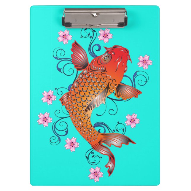 Carpeta De Pinza Pescado de Koi naranja floral oriental turquesa el (Anverso)