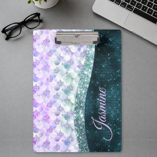 Carpeta De Pinza Piel de sirena brillo falso monograma plateado tur