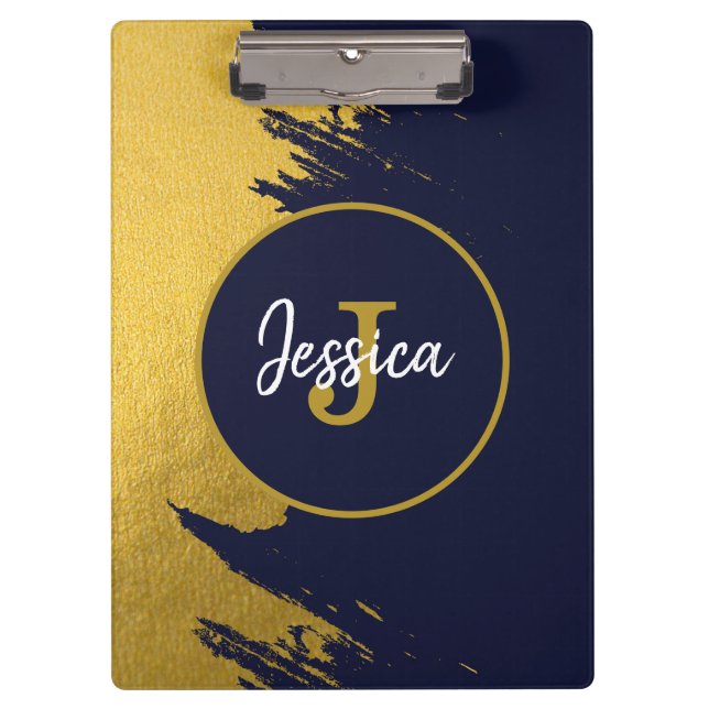 Carpeta De Pinza Pinceles personalizados Faux Gold con azul marino (Anverso)
