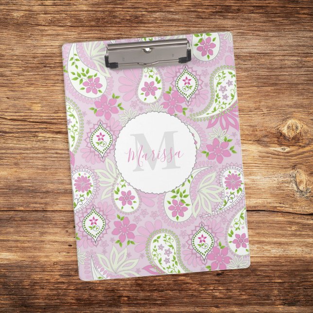 Carpeta De Pinza Pink Girly Cute Chic Preppy Paisley Monogram (Subido por el creador)