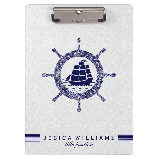 Carpeta De Pinza Pisley Blanca Y Rueda Náutica Azul De La Marina (Anverso)