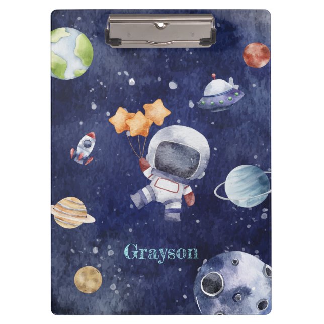 Carpeta De Pinza Planeta de acuarela astronauta personalizada (Anverso)