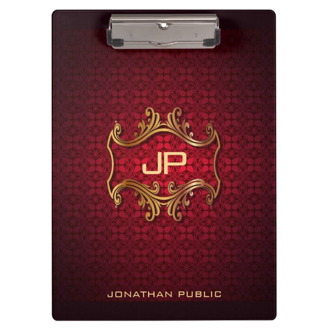 Carpeta De Pinza Plantilla elegante de Monograma Rojo Damask Classi (Anverso)