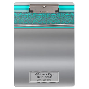 Carpeta De Pinza Plateado Aqua Brillo Elegante Chic Glam Personaliz