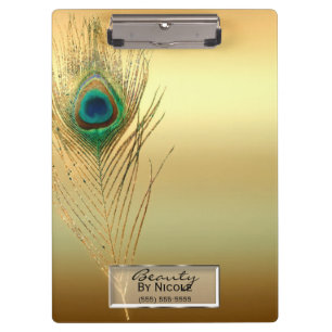Carpeta De Pinza Pluma de Pavo Real Dorada Elegante Glam Personaliz