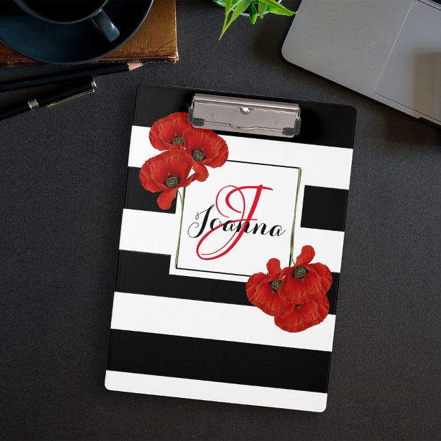 Carpeta De Pinza Poppies rojos sobre fondo rayado negro y blanco (Subido por el creador)