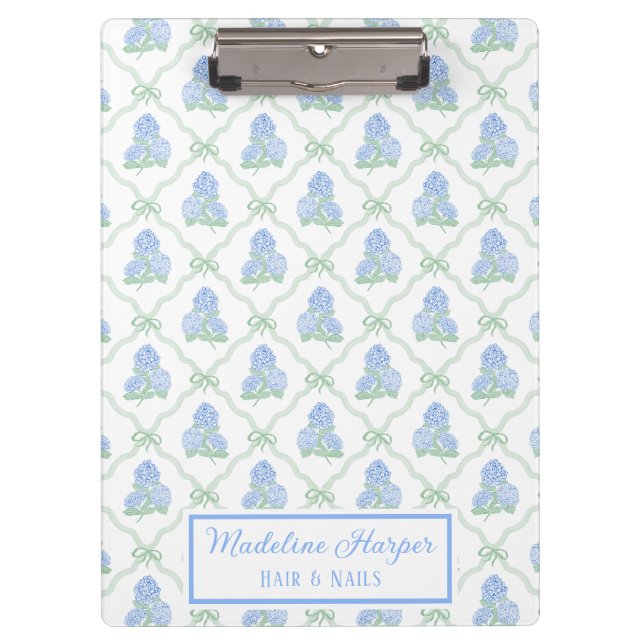 Carpeta De Pinza Preppy Trellis Bow Blue & Green Hydrangeas Monogra (Anverso)