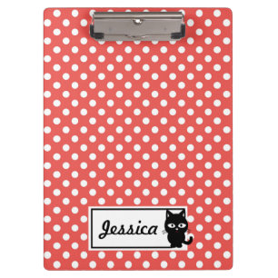 Carpeta De Pinza Punto de polka roja y gato negro personalizado