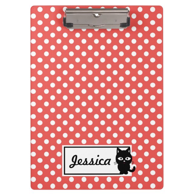 Carpeta De Pinza Punto de polka roja y gato negro personalizado (Anverso)
