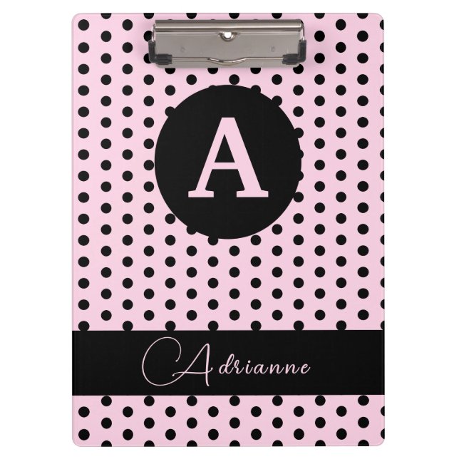Carpeta De Pinza Puntos de polka rosados y negros monogramados (Anverso)