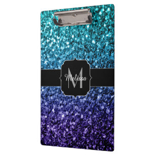 Carpeta De Pinza Purpurina azul Aqua Ombre fino chispas Monograma