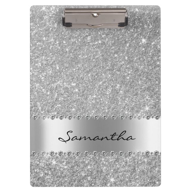 Carpeta De Pinza Purpurina de diamantes plateado Bling Girly Nombre (Anverso)