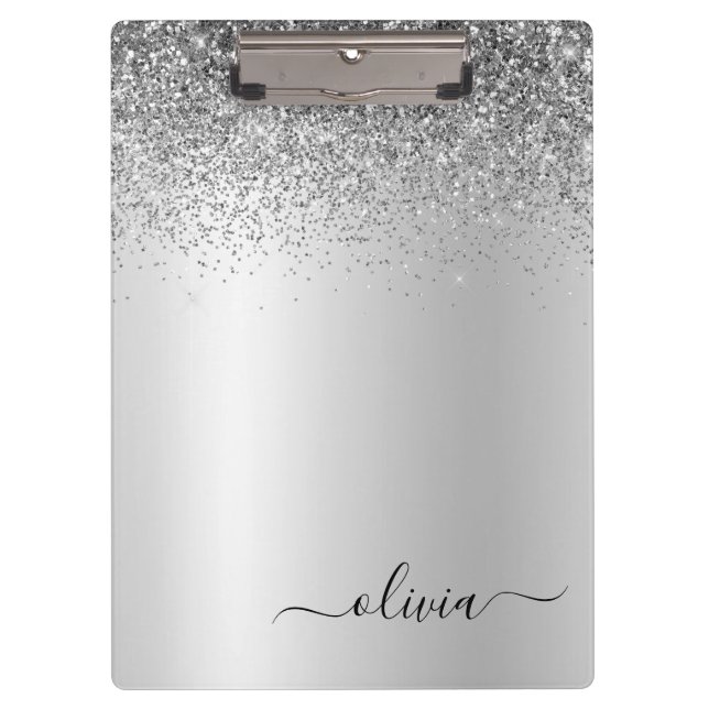Carpeta De Pinza Purpurina de Monograma Plateado Sparkle Girly Scri (Anverso)