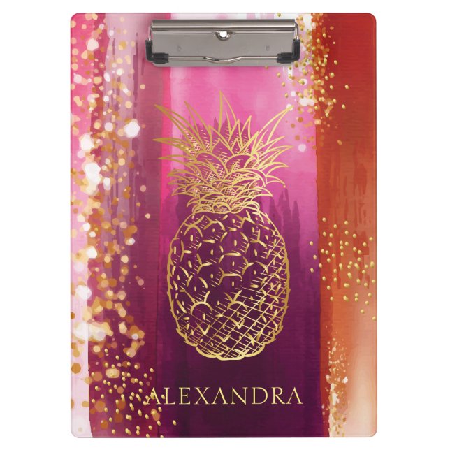 Carpeta De Pinza Purpurina de oro rosa piña personalizada (Anverso)